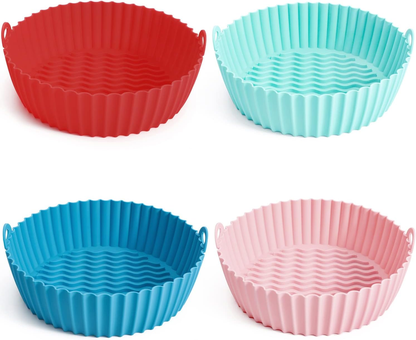 4 Pack Reusable Silicone Air Fryer Pot Liner in red, teal, blue, and pink